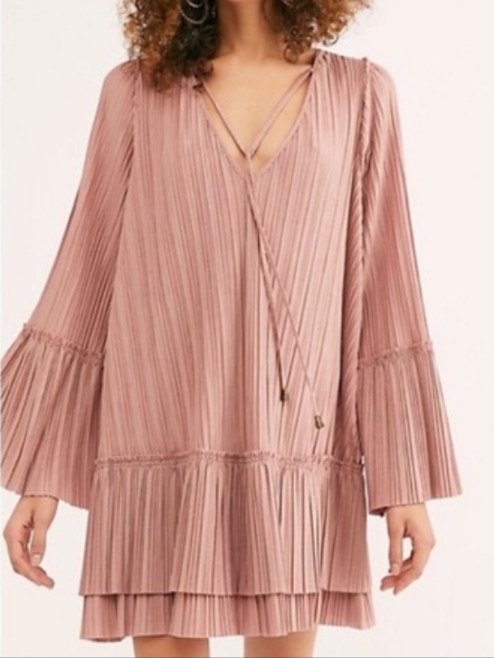 Free People Can't Help It Dusky Rose Pleated V-Neck Mini Dress